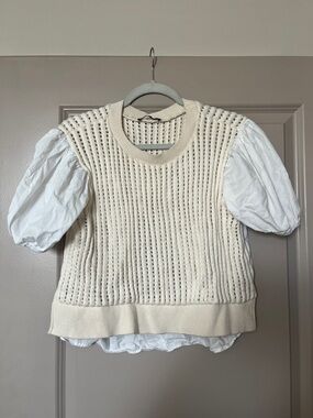 Zara Cream Knit Vest with White Puff Sleeve Blouse